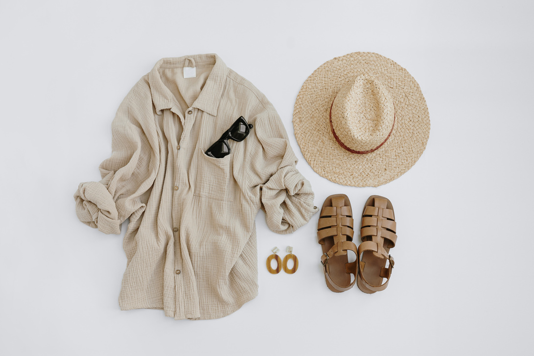Fashionable Clothes with Sandals and Accessories Flatlay